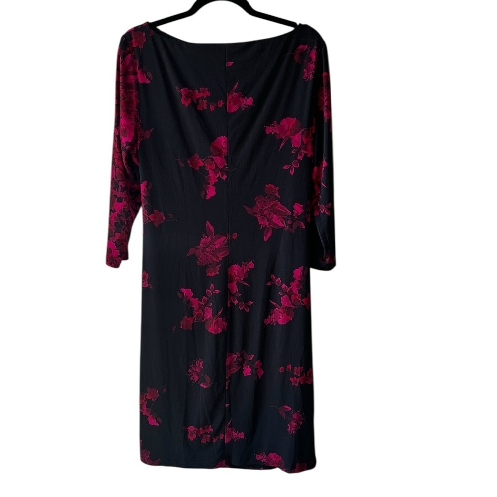 Chaps XL Black Floral Side Ruched 3/4 Sleeve Stretch Knit Midi Dress - Picture 7 of 8